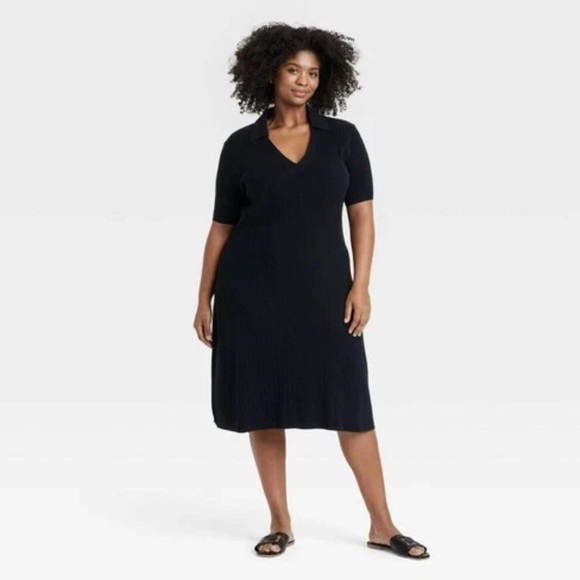 Women's Short Sleeve Ribbed Midi Sweater Dress - Ava & Viv Black - Picture 1 of 7